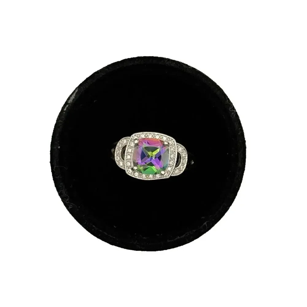 Mystic Topaz Halo Ring Sterling Silver Cushion 9mm Split Shank Sz 8